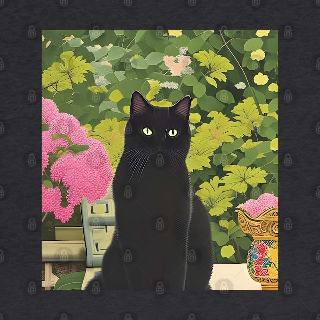 Black Cat in a Japanese Garden by RoxanneG